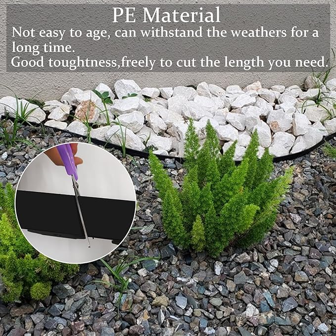 Garden Edging Border 33ft, 2in Tall Plastic Straight Top Lawn Edging Landscaping Edging Kit with 50pcs Spikes for Paver Edging, Grass Edging, Flower Beds, Yard, Black