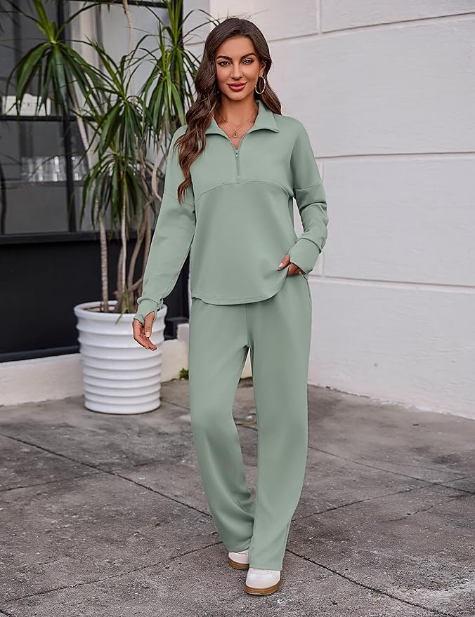 Totatuit Womens Sweatsuits 2 piece Set Lapel Half Zip Lightweight Sweatshirts and Wide Leg Pants Tracksuit Lounge Sets