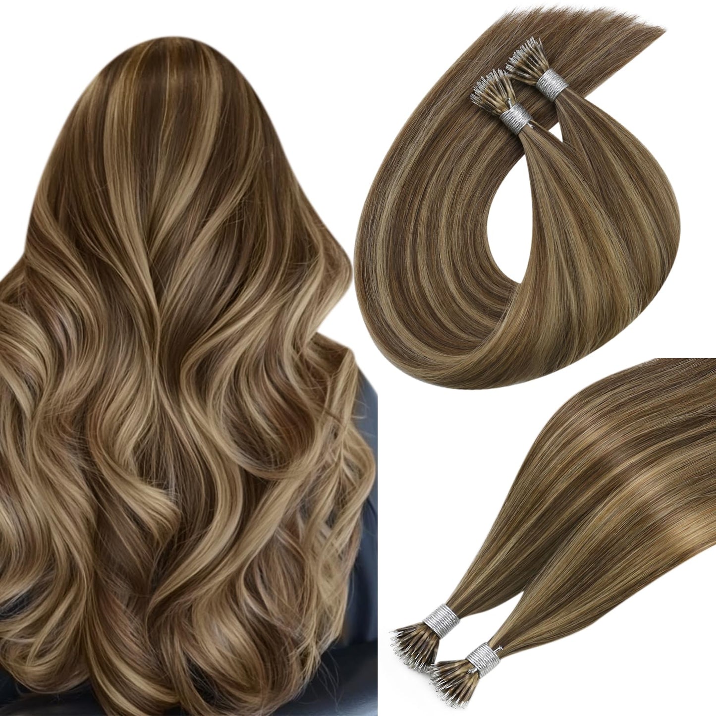 Easyouth Nano Beads Extensions Human Hair Seamless Nano Tip Hair Extensions Real Hair Brown Highlight Strawberry Blonde Nanos Ri