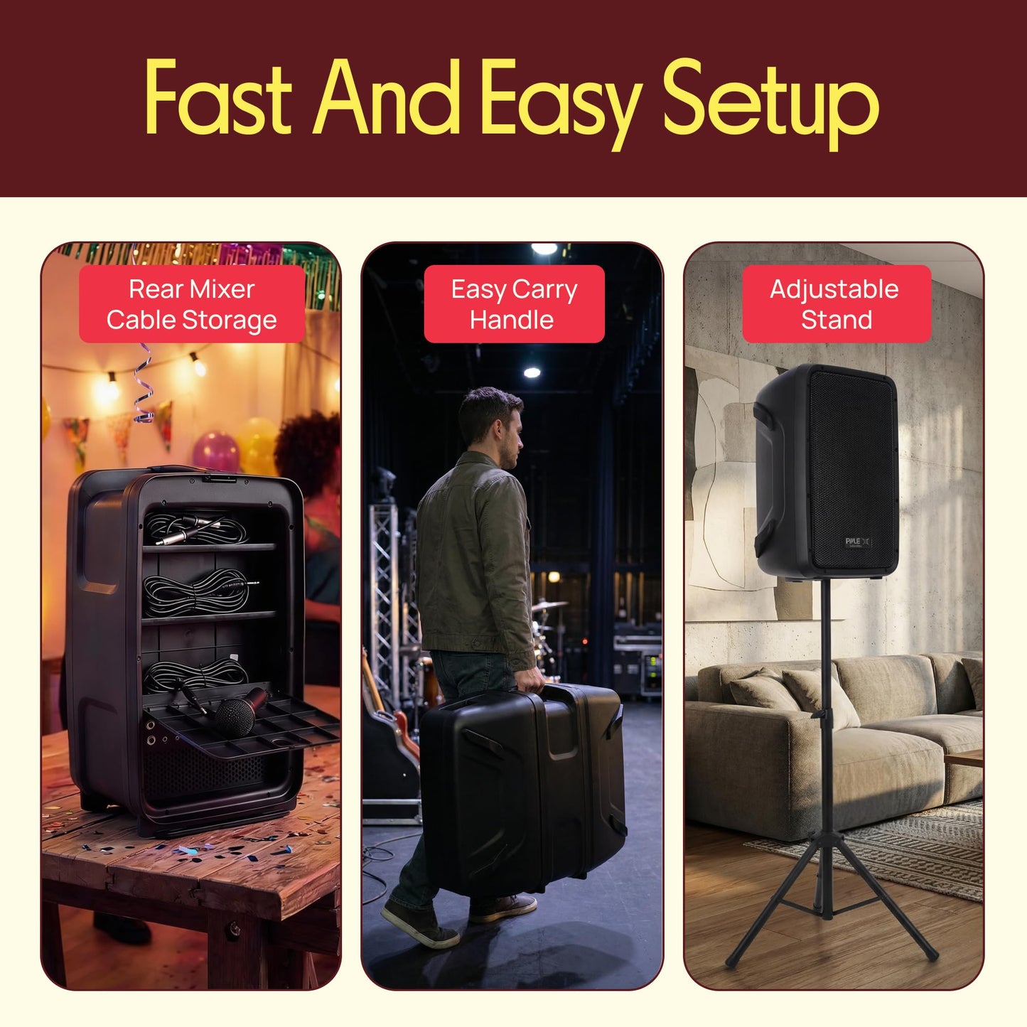 Pyle PA Speaker DJ Mixer Bundle - 300 W Portable Wireless Bluetooth Sound System w/ USB SD XLR 1/4" RCA Inputs - Dual Speaker, Mixer, Microphone, Stand, Cable - Home/Outdoor Party - PPHP28AMX,Black