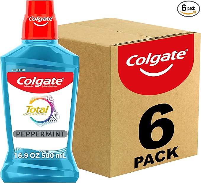 Colgate Total Pro-Shield Alcohol Free Mouthwash, Antibacterial Formula, Peppermint - 500 mL, 16.9 fluid ounce (6 Pack)