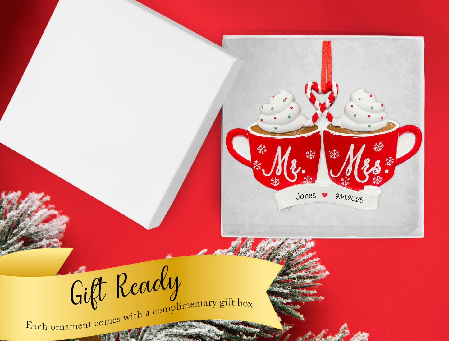 UniqXmas Personalized Our First Christmas as Mr and Mrs Ornament 2025 | Custom Hot Cocoa Mugs Wedding Xmas Tree Decor | Newlywed Couple Marriage 1st Year Married Keepsake Gift