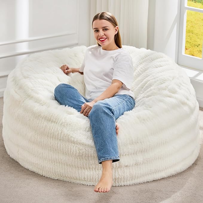 Hobestluk Bean Bag Chairs Beanbag Chair with Filler Adult Bean Bags with Fluffy Ripple Cover, Giant Bean Bag Chairs for Adults (White, 4FT - 44" x 44" x 24")