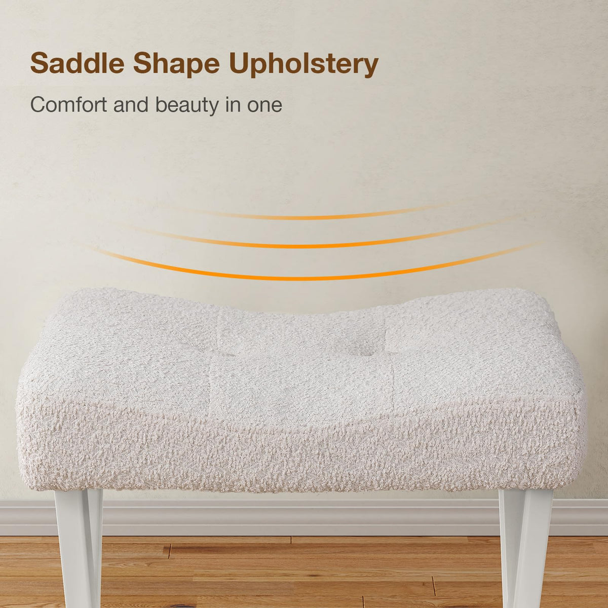Memobarco 18-Inch Vanity Stool Chair, Vanity Bench with Metal X-Legs, Ottoman Foot Stool with Breathable and Soft Boucle Fabric Saddle Seat, White
