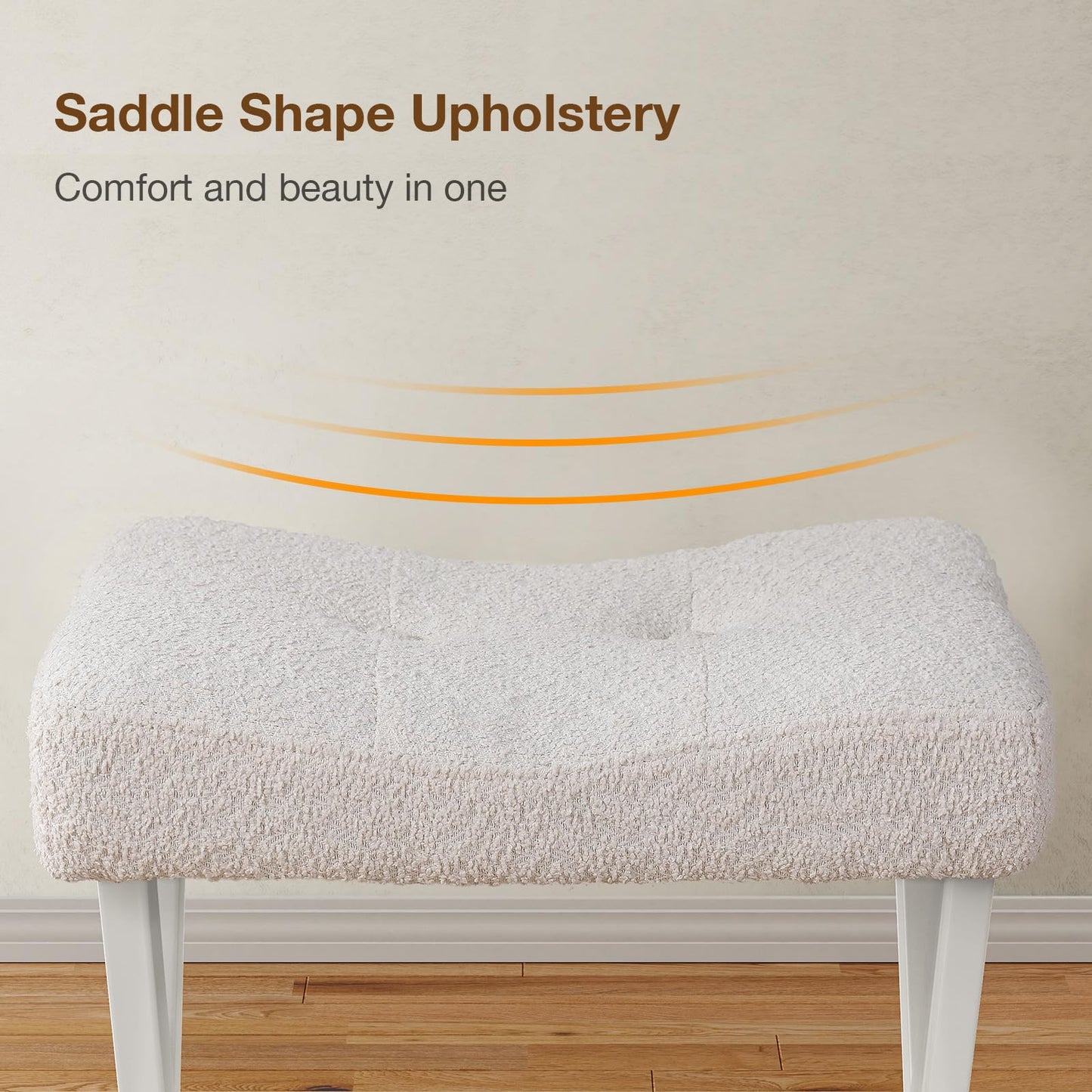 Memobarco 18-Inch Vanity Stool Chair, Vanity Bench with Metal X-Legs, Ottoman Foot Stool with Breathable and Soft Boucle Fabric Saddle Seat, White