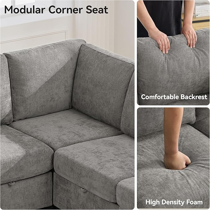 104'' V Shaped Modular Sofa, Sectional Couch with Storage for Living Room, Modern 7 Seater Cloud Sectional Couch with Movable Ottoman, Chenille Grey