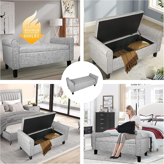 Babion Storage Bench for Bedroom, Button Linen Fabric, 51Inch, End of Bed Storage, Upholstered Rolled Arm Window Seat with Solid Wood Legs, Light Grey