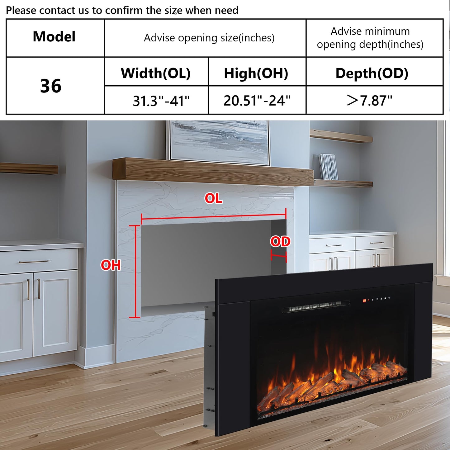 Oxhark Flame 36 Inches Electric Fireplace Insert with Trim Kit, Wall Mounted & Recessed Electric Fireplace Inserts with 8 Flame Colors, Remote Control, 6 Levels Brightness, 9H Timer, Black, 1500W/750W