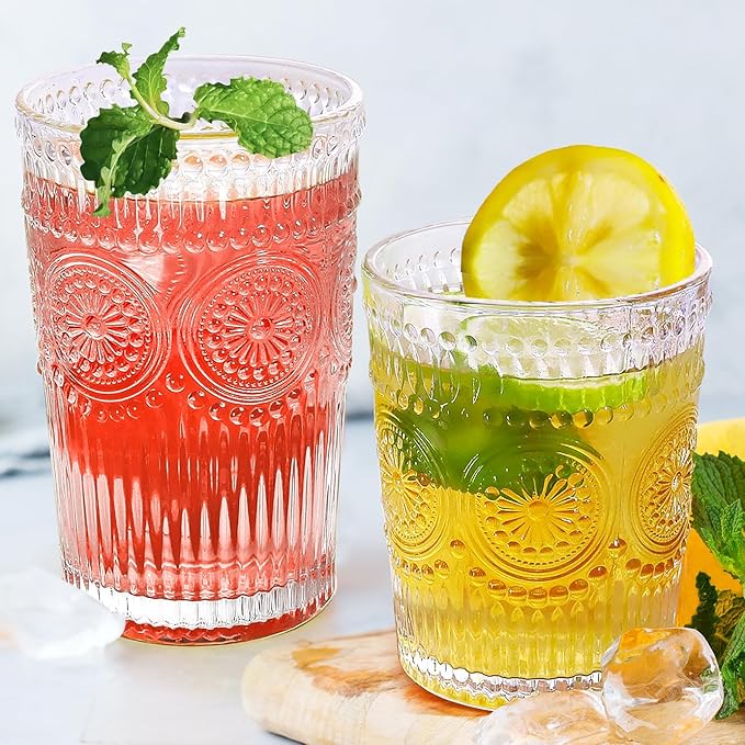 Loivttvv 12pcs Vintage Drinking Glasses Set, 12 oz Highball Glasses & 9 oz Embossed Ribbed Glassware Cups for Cocktail, Wa...