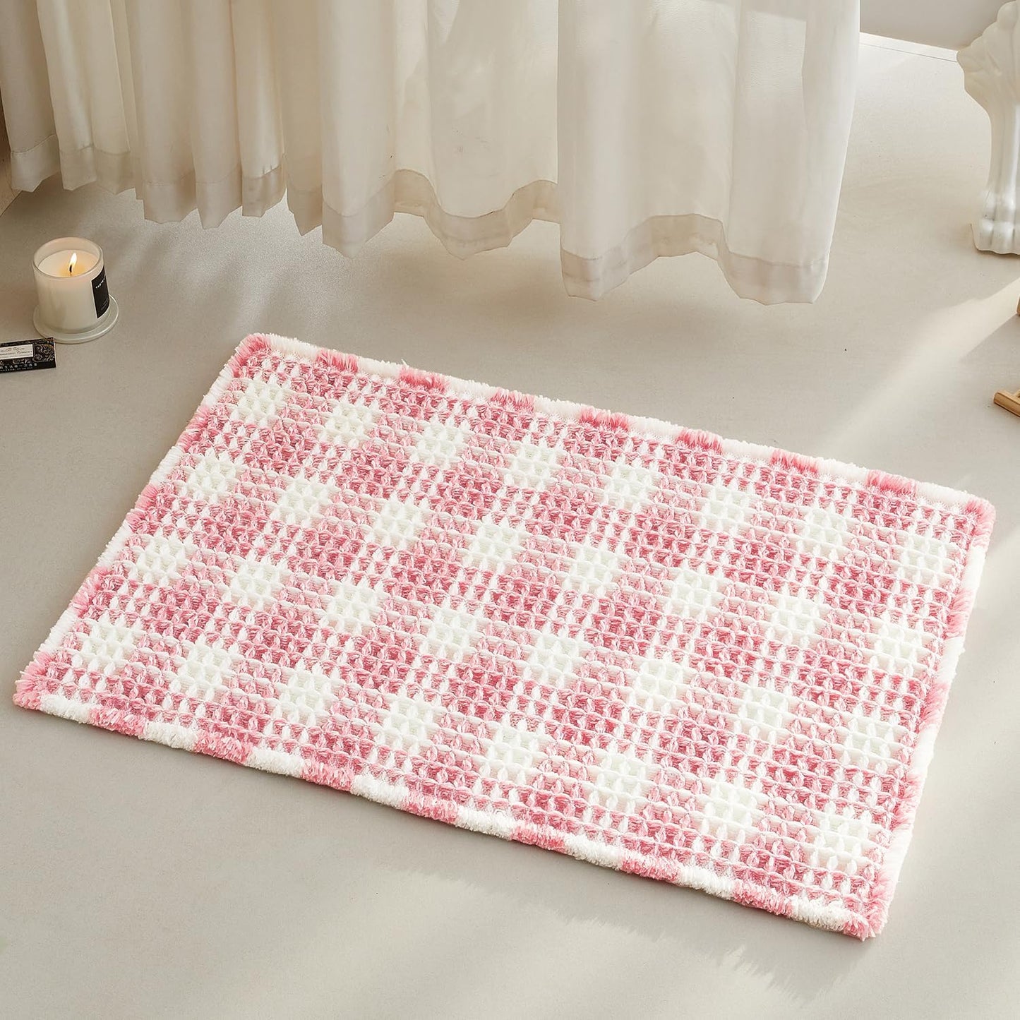 Waffle Bath Mat, Boho Bathroom Rugs Non Slip Washable Absorbent Checkered Bathroom Mat Quick Dry Cute Bath Mat, 30"x20" Pink and White
