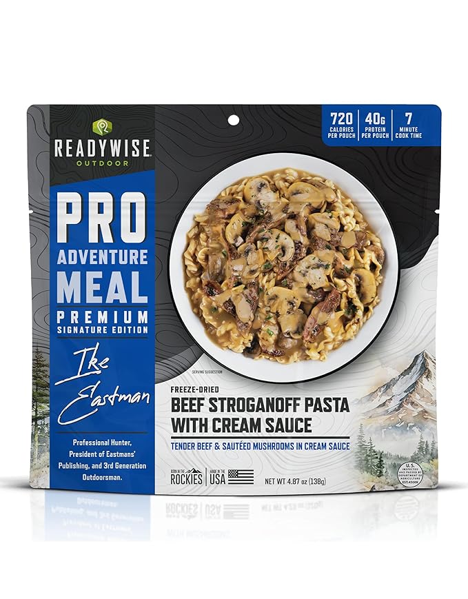 ReadyWise Outdoor Pro Adventure Meal - Beef Stroganoff Pasta with Cream Sauce, 2 Servings, 1 Pouch, 720 Calories, 40g Prot...