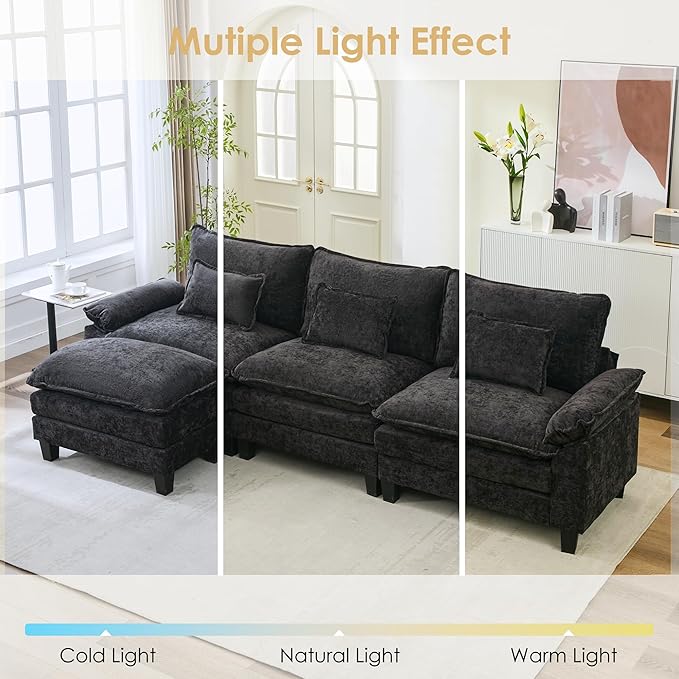 URRED Cloud Couch Modular Sectional Sofa, 122'' Modern L Shaped Deep Seat Sofa with Ottoman & Pillows, Ultra Comfy Chenille Couches for Living Room, Bedroom or Apartment, Black
