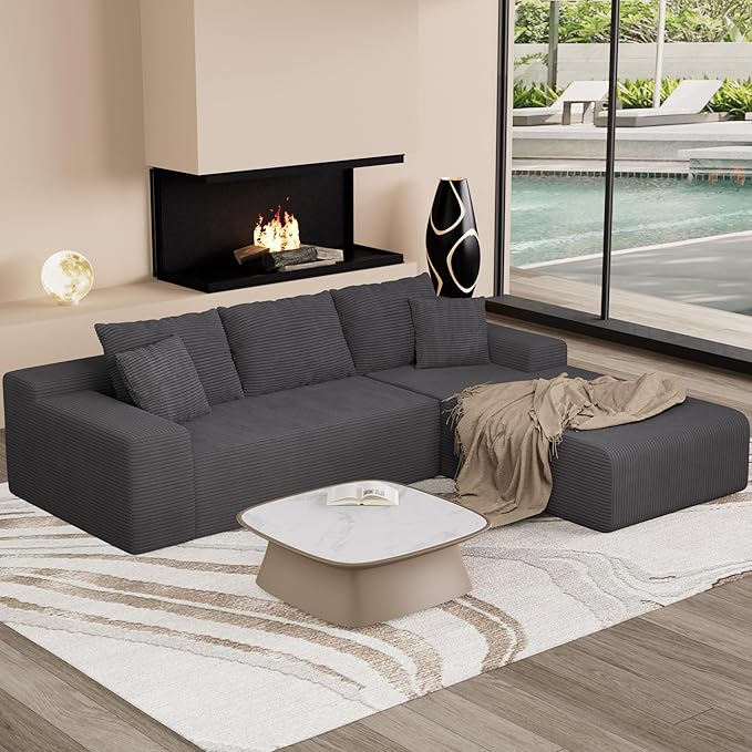 NAYA 106” Modular Sectional Sofa, Cloud Sectional Couch with Deep Seat, Modern Modular L-Shape Sofa Boneless Couch with Chaise for Living Room Bedroom (Grey, Sectional Sofa with Right Facing Chaise)