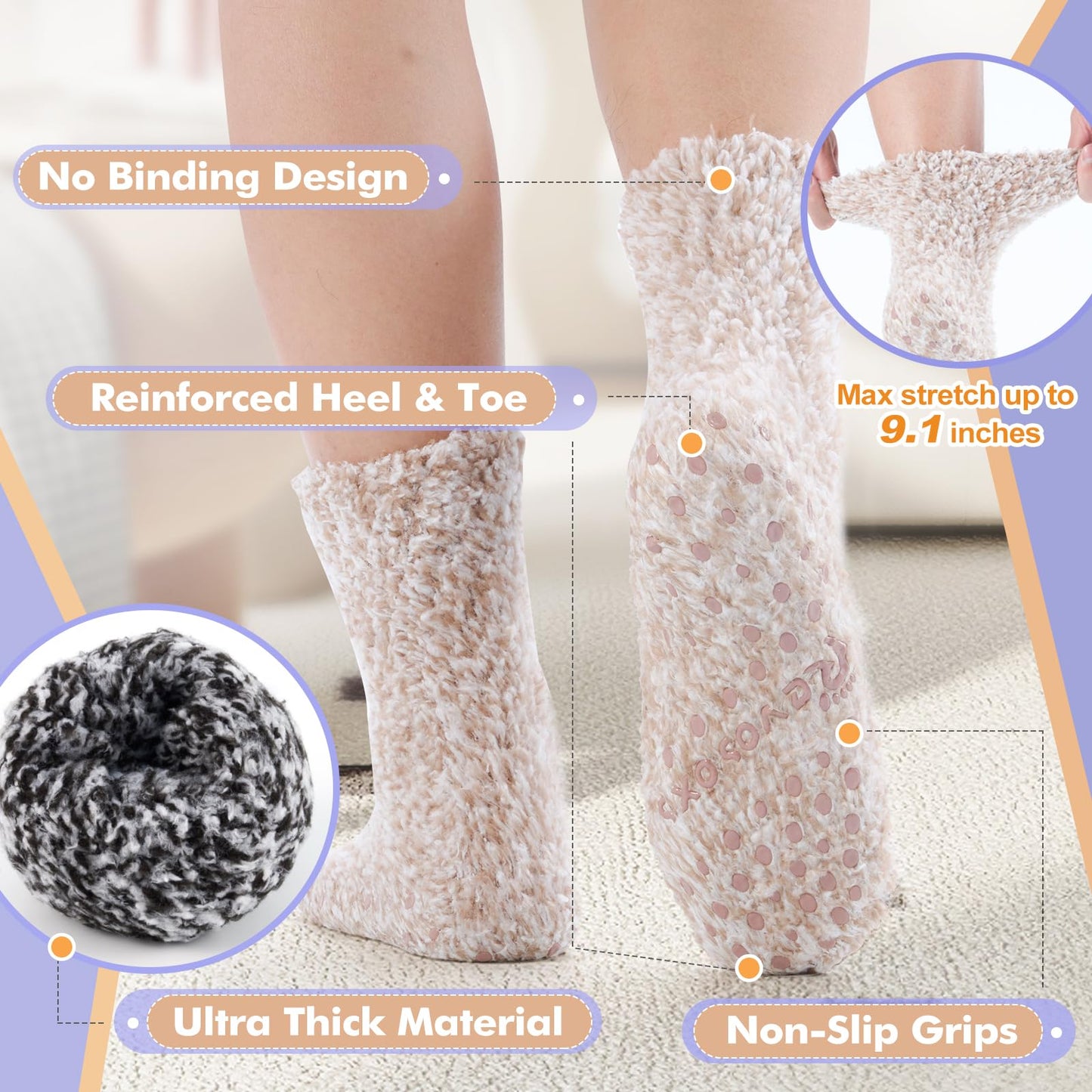 Revosoxs Fuzzy Socks with Grips for Women Men,Non Slip Hospital Crew Cozy Socks with Aloe Vera Perfume(Black+Grey+Brown)