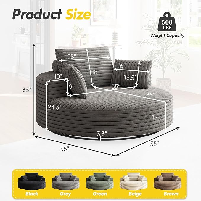 Antetek 360-Degree Oversized Swivel Chair, Modern Round Circle Corduroy Comfy Deep Seat Swivel Accent Chaise Lounge Sofa Chair with Back Cushion & 2 Throw Pillows for Living Room Bedroom Office, Grey