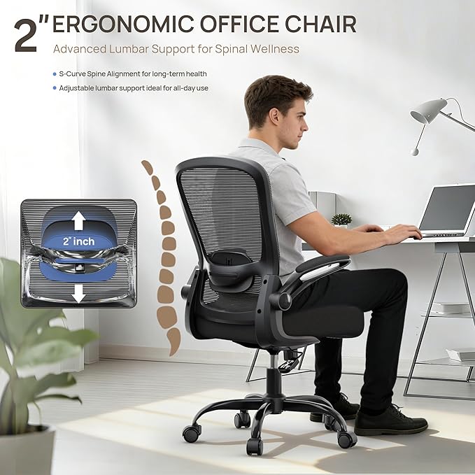 Mimoglad Ergonomic Office Chair - BIFMA Certified, Flip-up Armrests & 135° Recline, Adjustable Lumbar Support - Space-Saving Task Chair for Business/Team Office & Home (Black, 350lbs)