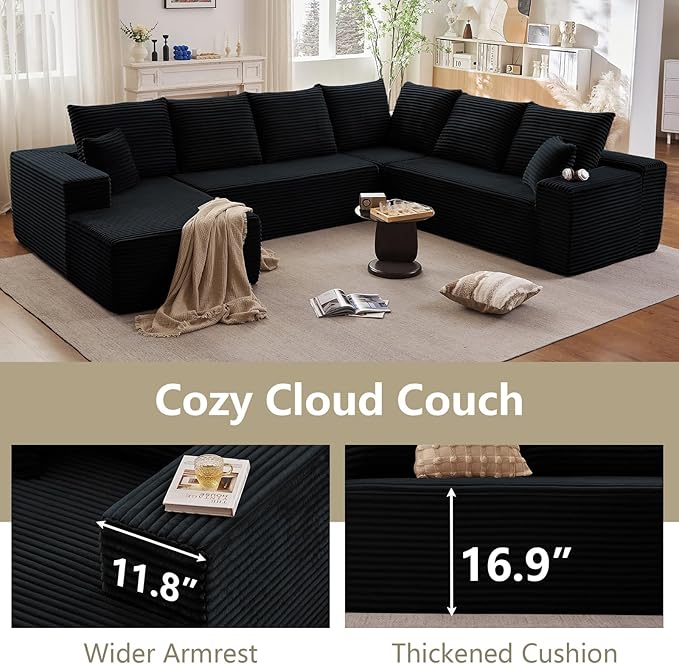 Cloud Sectional Couch with L-Shape Chaise, Upholstered Corduroy Couches Stupendous U Shaped Sofas, Modern Modular Comfy Sofa with Deep Seat for Living Room Bedroom, No Assembly Required, Black