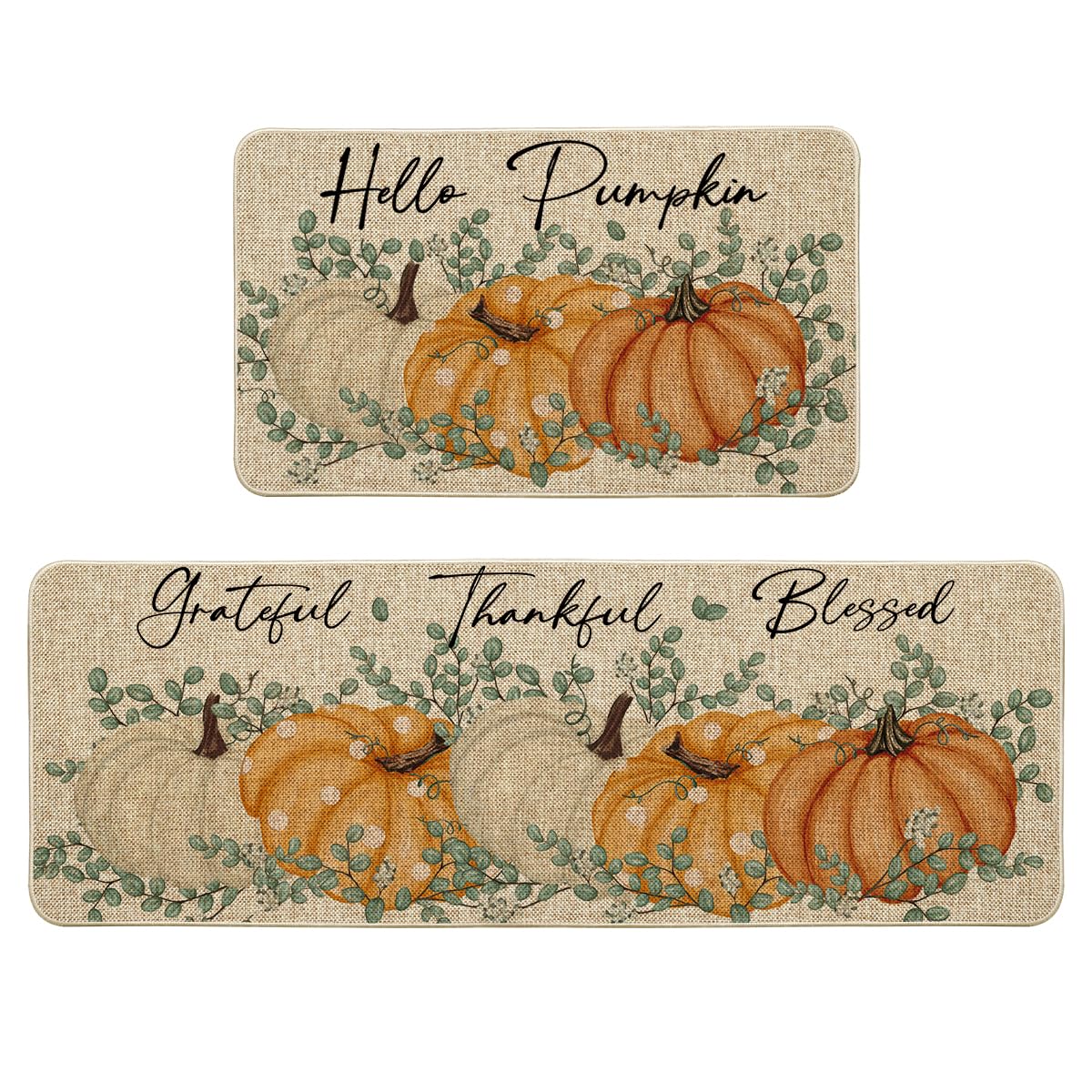 Artoid Mode Orange Maple Leaves Happy Fall Y'all Kitchen Mats Set of 2, Thanksgiving Home Decor Low-Profile Kitchen Rugs for Floor - 17x29 and 17x47 Inch