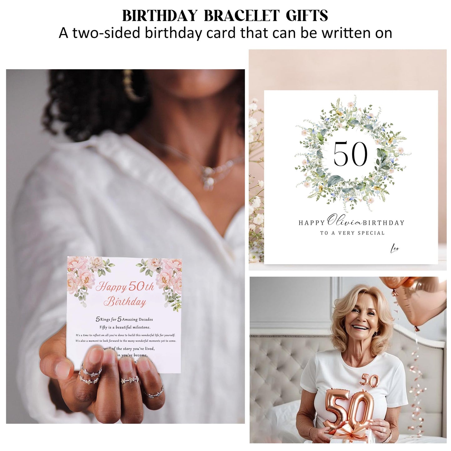 FENNELISA 50th Birthday Gifts for Her,Adjustable Silver Bracelet for Women Unique 50th Birthday Gifts for Women Cool Best Birthday Presents Ideas with Cards for Female Mom Sister Friend