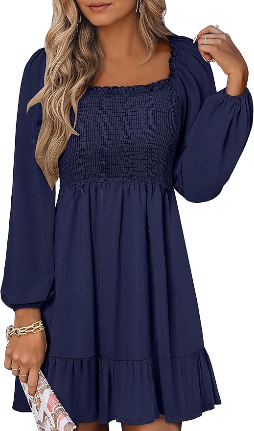ANRABESS Womens Long Lantern Sleeve Square Neck Dress Smocked Tiered High Waist Ruffle Flowy Swing 2026 Spring Short Dresses