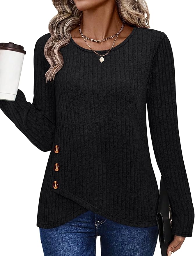 XIEERDUO Tunic Sweaters for Women Long Sleeve Shirts Crew Neck Tops with Buttons Fall Fashion Outfits Winter Clothing
