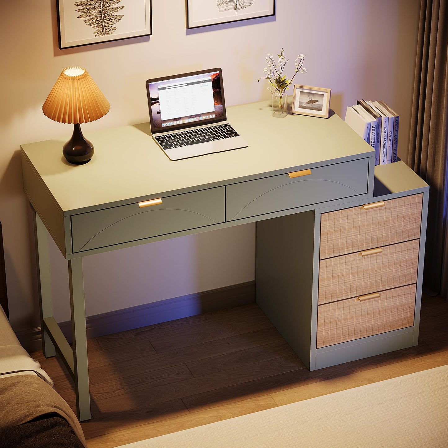 Tribesigns Computer Desk with 5 Drawers, Reversible Small Modern Writing Desk with Storage, Wooden Study Table Office Workstation for Home Office, Small Spaces, Mint Green