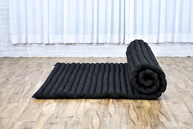 Leewadee - Foldable Floor Mattress - Japanese Roll Up Futon -Trifold Tatami Mat- Guest Floor Bed - Camping Mattress - Thai Massage Mat, Kapok Filled, 75 x 57 inches, Black