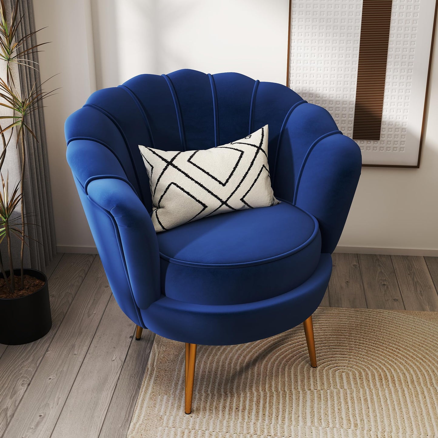 DAGONHIL Mid Century Modern Upholstered Accent Chair,Retro Leisure Velvet Single Sofa with Golden Metal Legs for Living Room/Bedroom(Navy Blue)