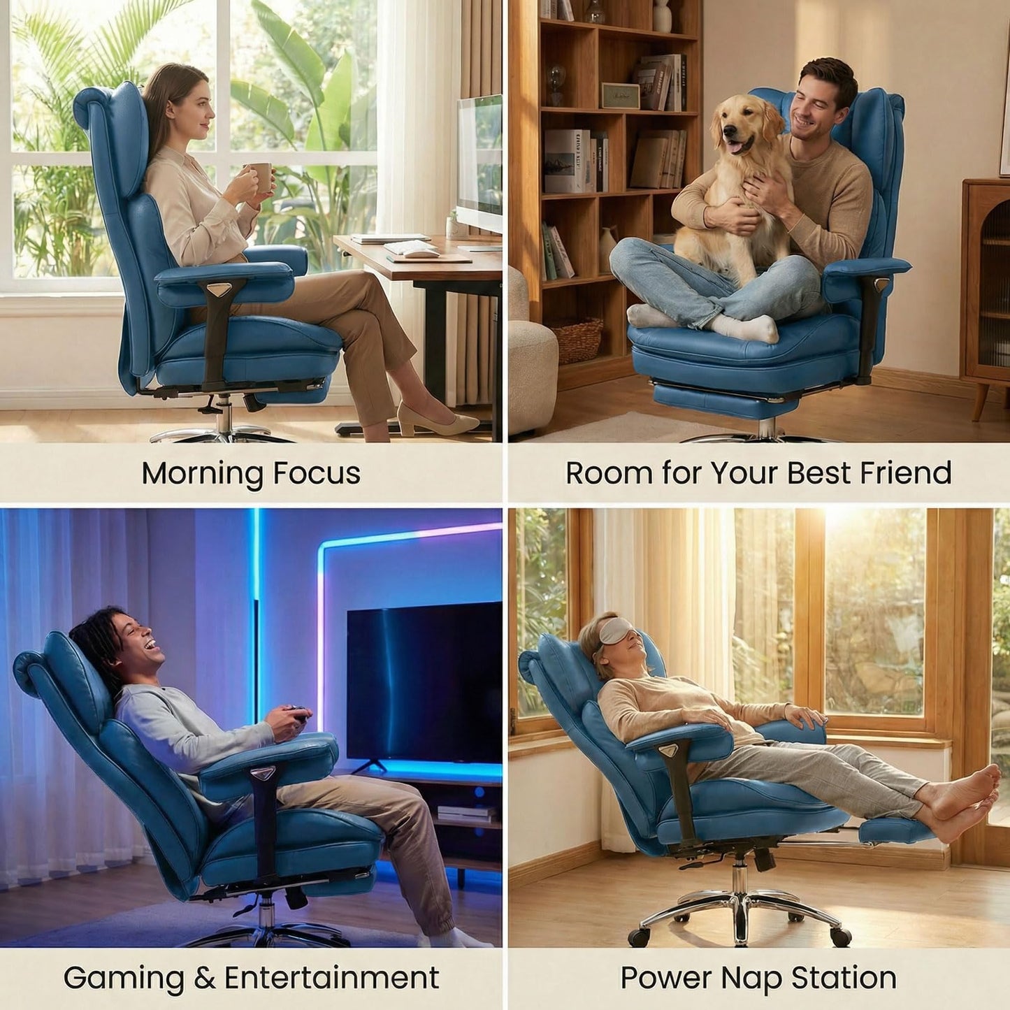Efomao Big & Tall Executive Office Chair with Footrest - 400lbs Heavy Duty High Back PU Leather Desk Chair, Modern Ergonomic Reclining Computer Chair, Blue
