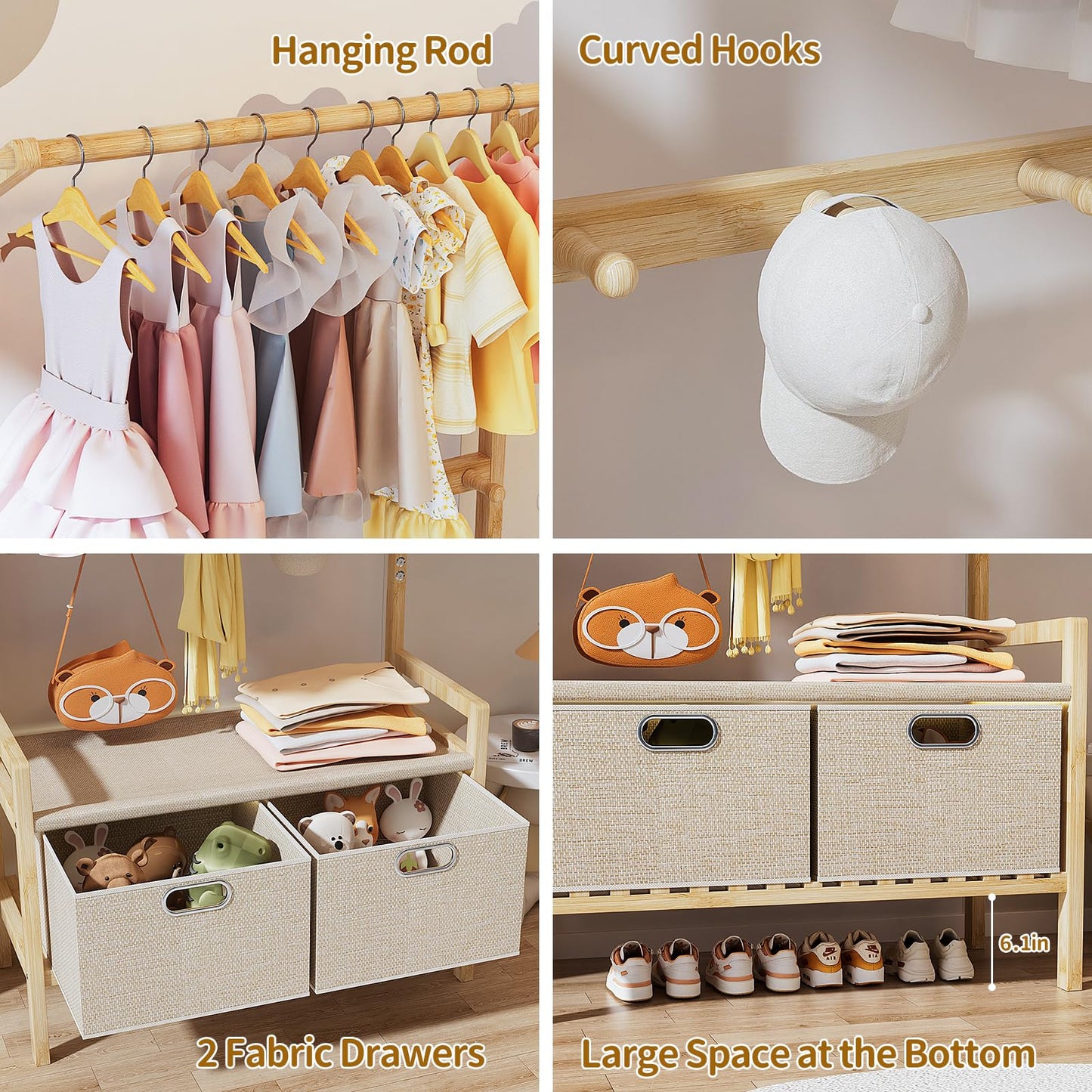 Luxspire Kids Clothing Rack, Bamboo Dress up Storage with 5 Hanging Hooks & 2 Drawers, Small Clothes Garment Rack Toddlers Kids Clothes Organizer for Bedroom Playroom, Burlywood