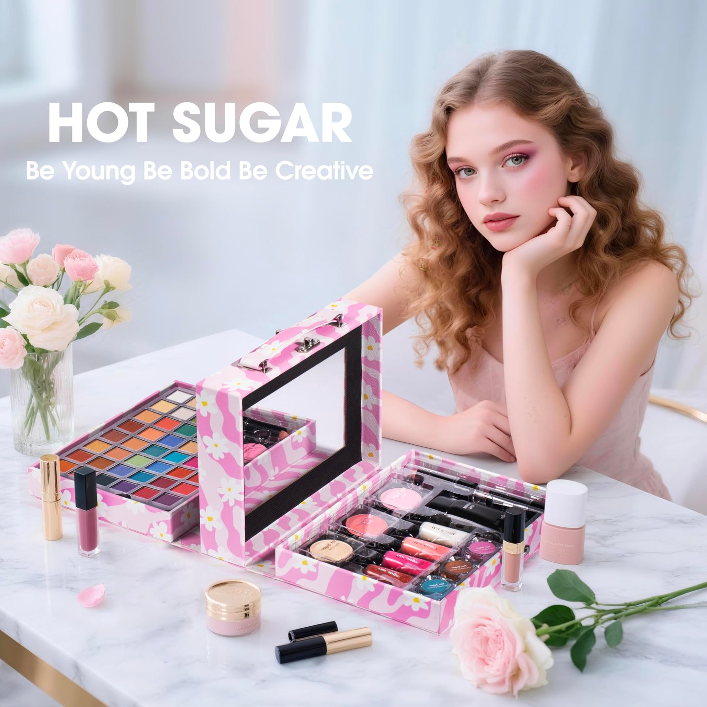 Hot Sugar Makeup Kit for Preteen Girls 10-12, Birthday Christmas Makeup Gift Set for Teens 16-18, All in One Beginner Makeup Kit for Women Full Kit (Floral Pink)