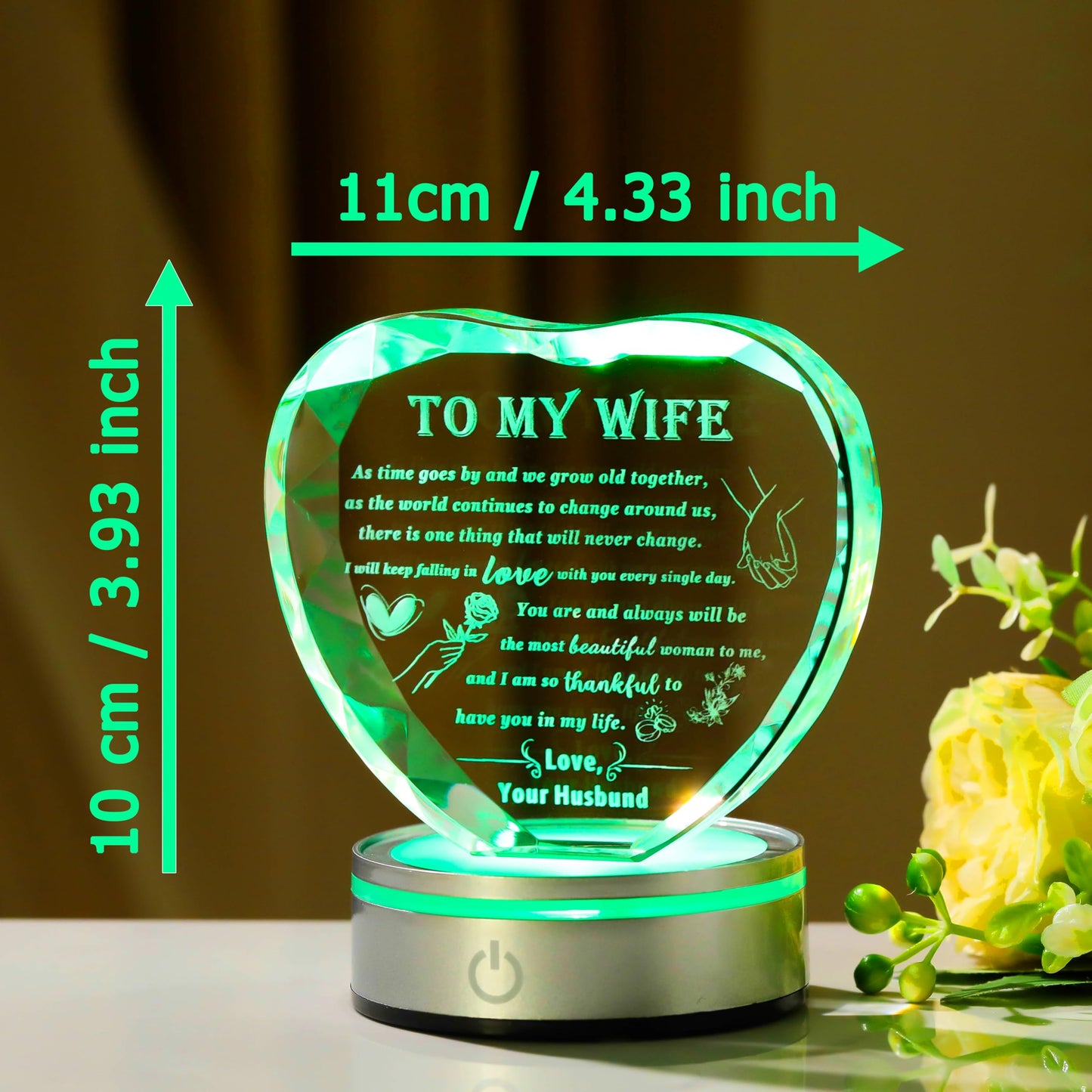 Qianwei Romantic Gifts for Wife with Colorful LED Base - Heart Crystal Unique Gifts for Anniversary, Birthday, Valentine's Day