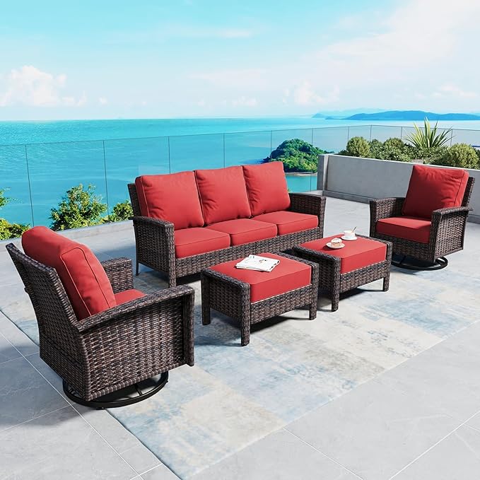 SUNSHINE VALLEY Patio Furniture Set with Swivel Chairs, High Back Wicker Rattan Furniture with 5.5" Thick Cushion and 2 Ottoman, Outdoor Conversation Set for Backyard Deck, Red