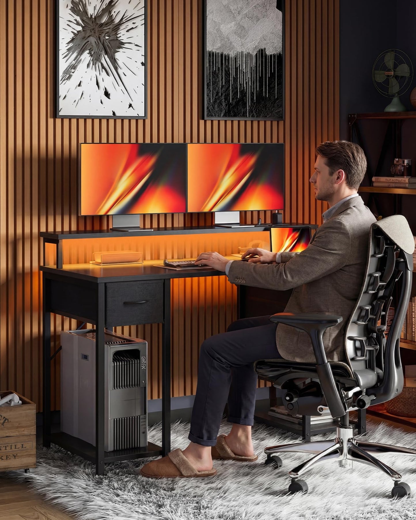 TIQLAB Computer Desk with 4 Drawers & LED Lights, 47 Inch Gaming Desk with Monitor Stand & Power Outlets, Home Office Desk with Large Storage Space, Study Work Table for Bedroom, Black