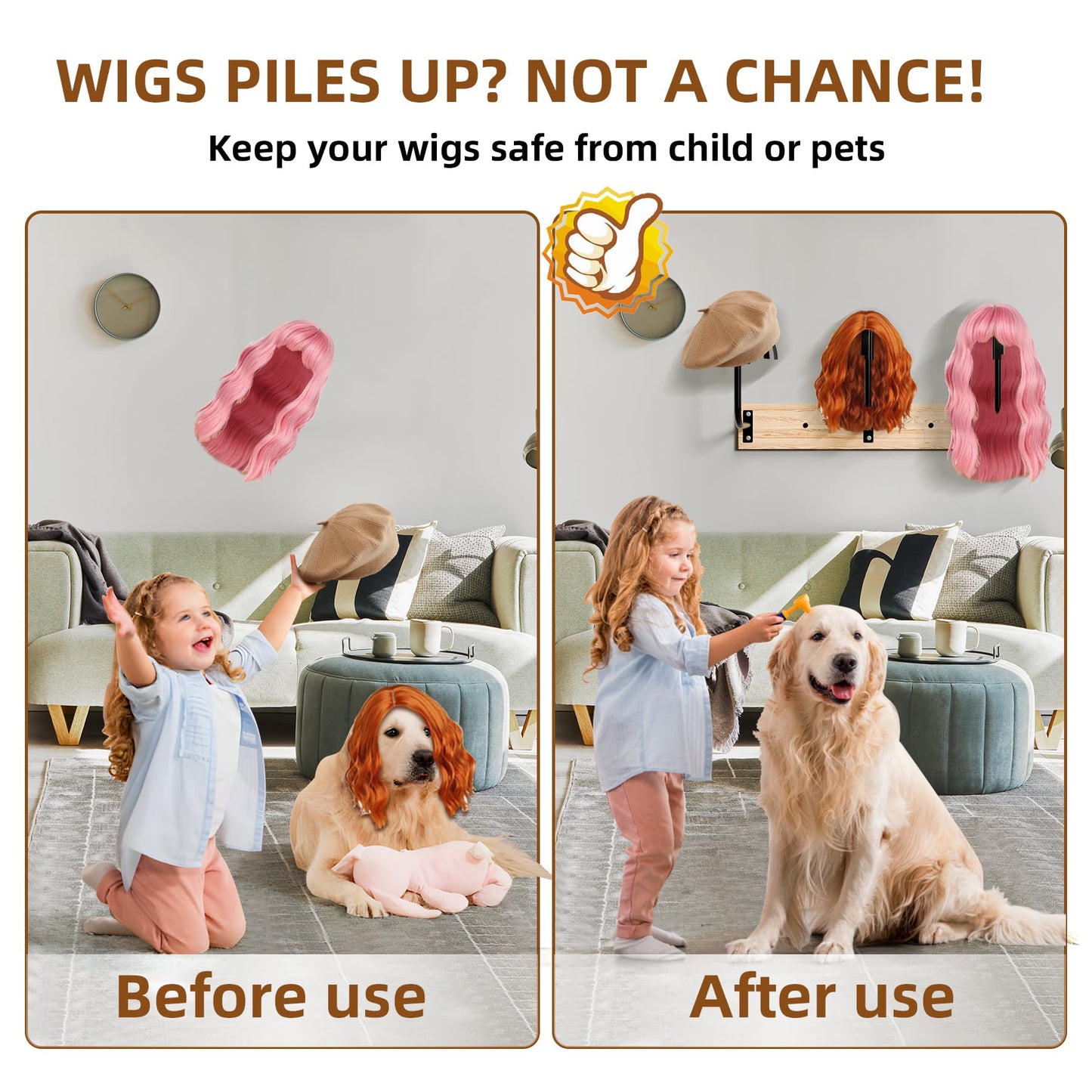 MEEMENG Wig holder for Multiple Wigs, 6 PCS Sturdy Wall - Mounted Hanging Rack for Wigs, Wig Hanger Solution for Drying, Styling