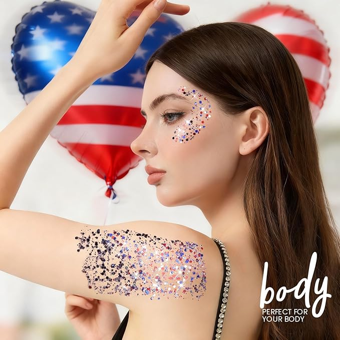 Teenitor 80g Red White and Blue Body Glitter Face Glitter Gel, 4th of July Accessories Hair Glitter for Kids, Fourth of July Outfits for Women, Red White and Blue Face Paint for USA Independence Day
