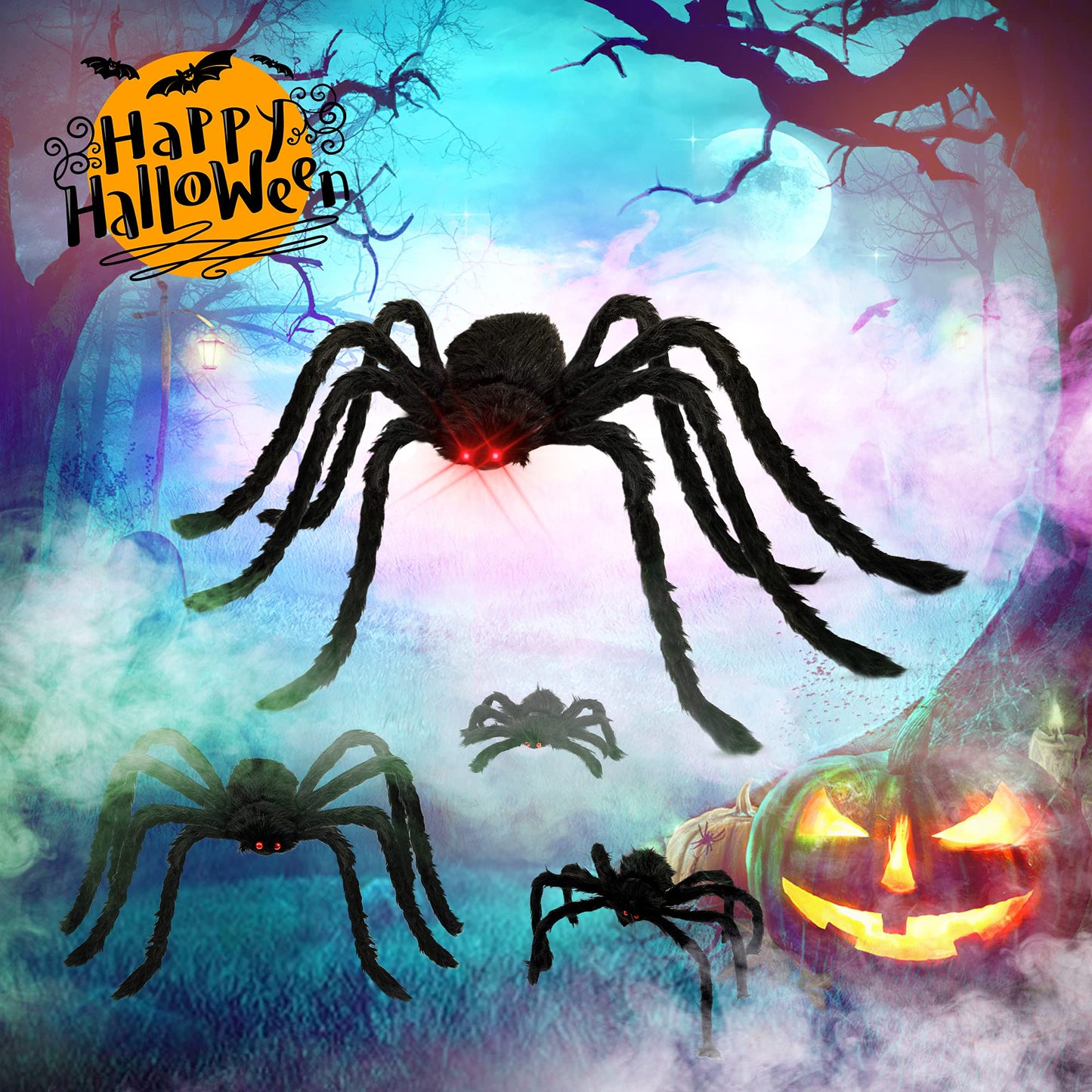 HOPOCO Halloween Plush Spiders Set Scary Fake Spider for Indoor Outdoor Halloween Decor for Home Party Yard Haunted House Decorations (6 in 1)