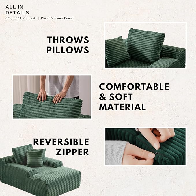 Alpen 66" Oversized Chaise Lounge, Boneless Couch Indoor, Corduroy Couch Boneless Sofa Chair for Reading with Wide Armrest and 3 Throw Pillows, No Assembly Required, Green
