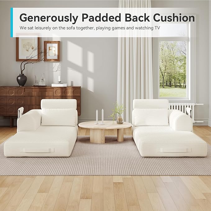 ZQRhome 2026 Upgrade Convertible Sofa Bed, 79 Inch Boneless Couch with Fixed-Shape Frame, Corduroy Fabric with High Backrest, Floor Sofa Modular Futon Couch for Living Room Bedroom Lounge (White) | High Backrest, No Assembly, Convertible Sofa, Space-Sa...