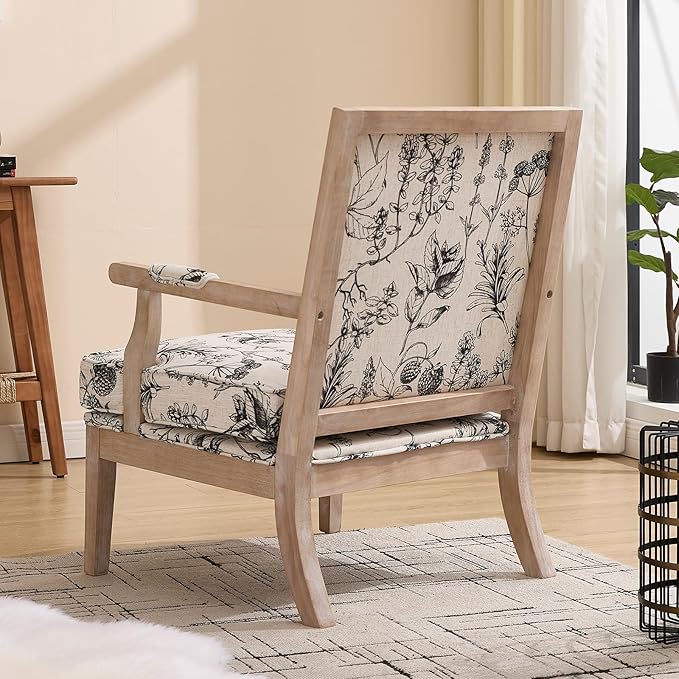 DM Furniture Floral Accent Chair Set of 2 Mid-Century Modern Living Room Chairs Upholstered Linen Lounge Armchair with Solid Wood Frame & Removable Cushion for Bedroom, Balcony, Floral Pattern