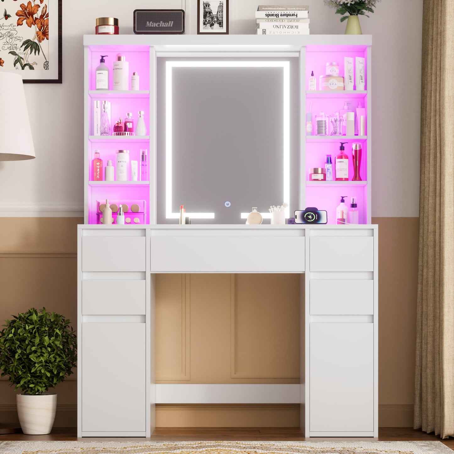 COWMOU Tall Vanity Desk with LED Mirror and RGB Lights Shelves, White Makeup Vanity with Power Outlet, Vanity Table with 5 Sliding Drawers & 2 Cabinets for for Bedroom and Dressing Room