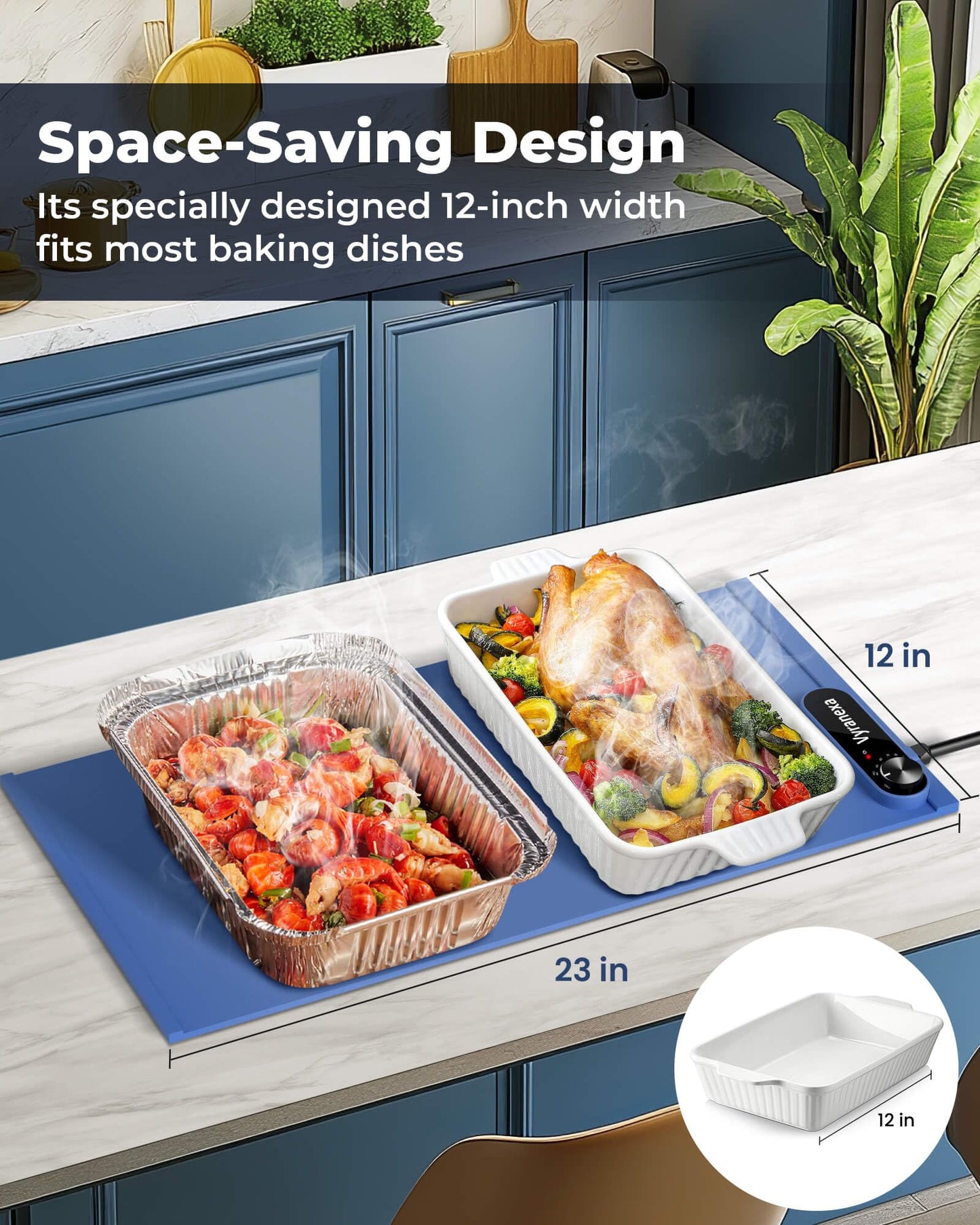 Warming Mat for Food - Space-Saving, Fits Two Baking Dishes, 7 Temp Settings, 4h Auto Shut-Off, Durable Silicone Surface, Easy to Clean, Perfect for Parties and Everyday Use (Blue, Medium)