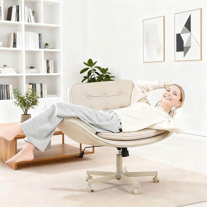 SunSettler Criss Cross Office Chair, PU Leather Gaming Chair with Armrests & Wheels, Comfortable Adjustable Swivel Computer Office Desk Chairs, Vanity Chair for Make Up, Home, Bed Room (White)