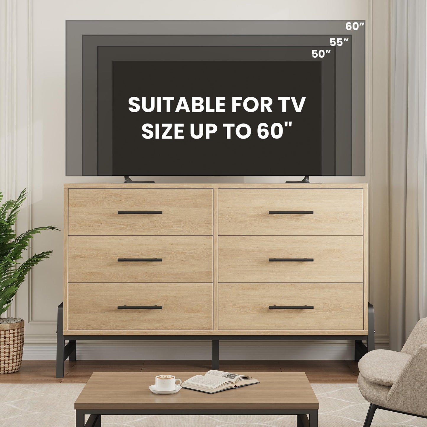 GarveeHome 6 Dresser for Bedroom, 52" Wide Drawer with Large Storage Space, Freestanding Wooden Closet Storage Dresser Chest for Living Room, Bedroom, Entryway, Natural Oak