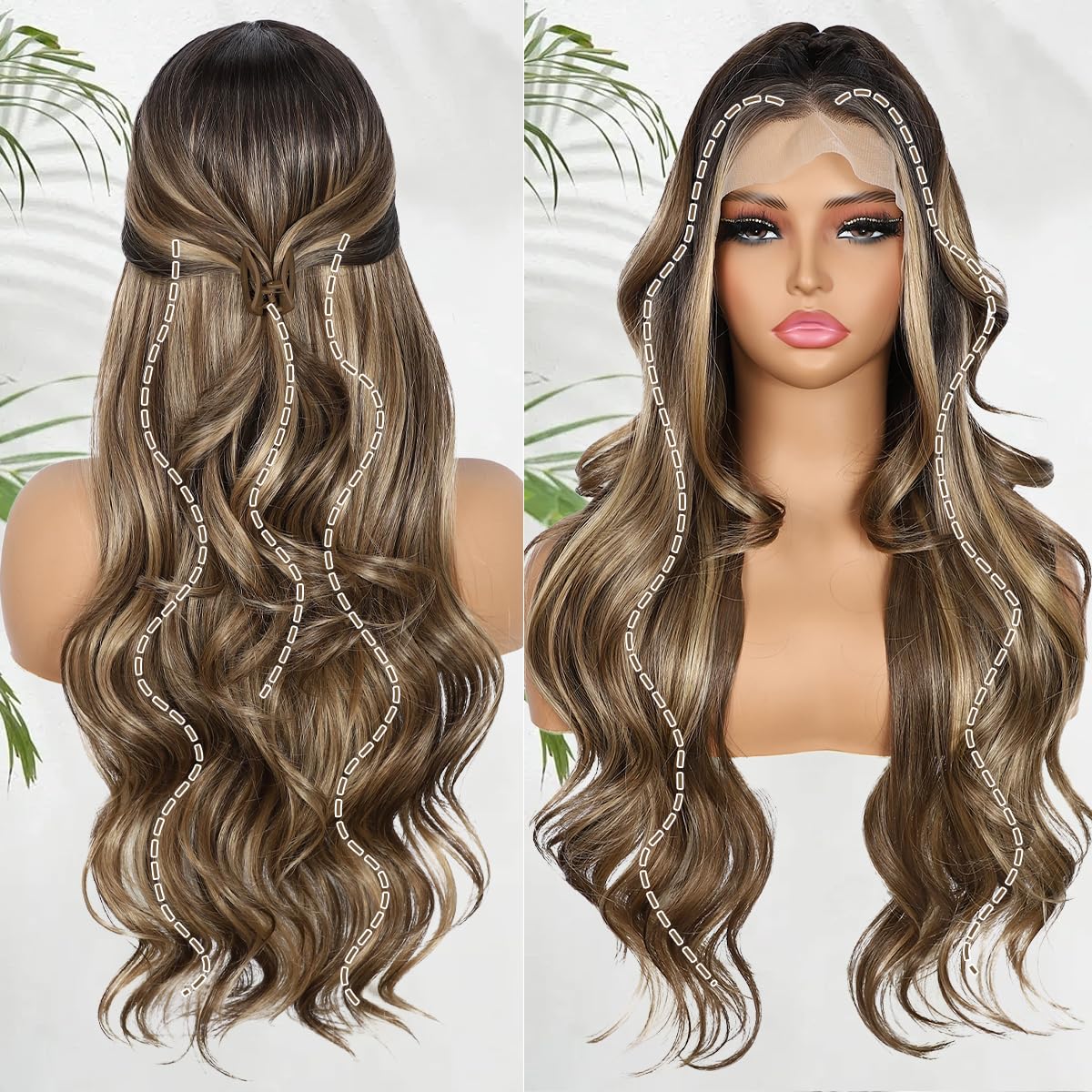 BABEHERS Brown mix Blonde Lace Front Wig for Women 13x4 Body Wave Synthetic Wigs Highlight Pre-plucked Long Wavy 150% Density fo