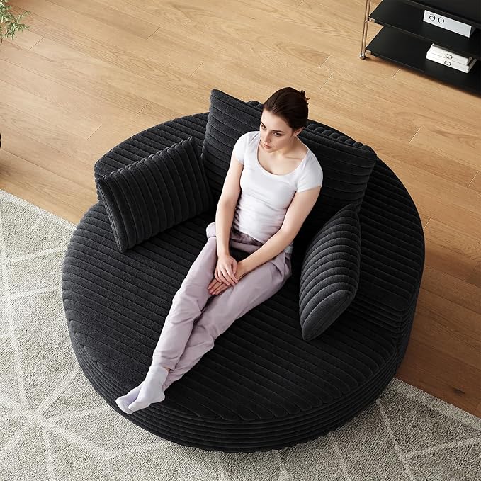 360-Degree Oversized Swivel Chair, Modern Round Circle Corduroy Comfy Deep Seat Swivel Accent Chaise Lounge Sofa Chair with Back Cushion & 2 Throw Pillows for Living Room Bedroom Office, Black