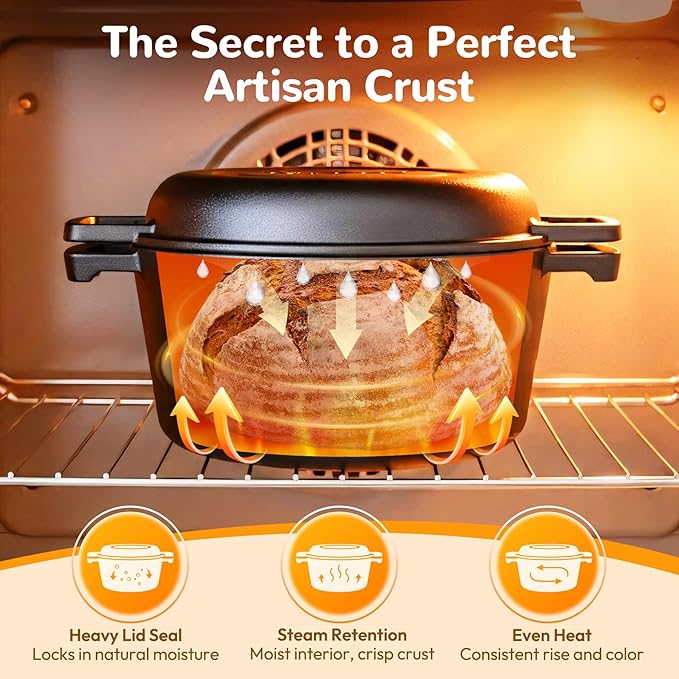 Cast Iron Dutch Oven for Bread Baking - Sourdough Starter Kit with Dutch Oven, Mitts, Banneton, Bread Sling & Baking Supplies, 5.46QT Pot with Lid for Sourdough Bread Baking, Frying, Braising & Camping