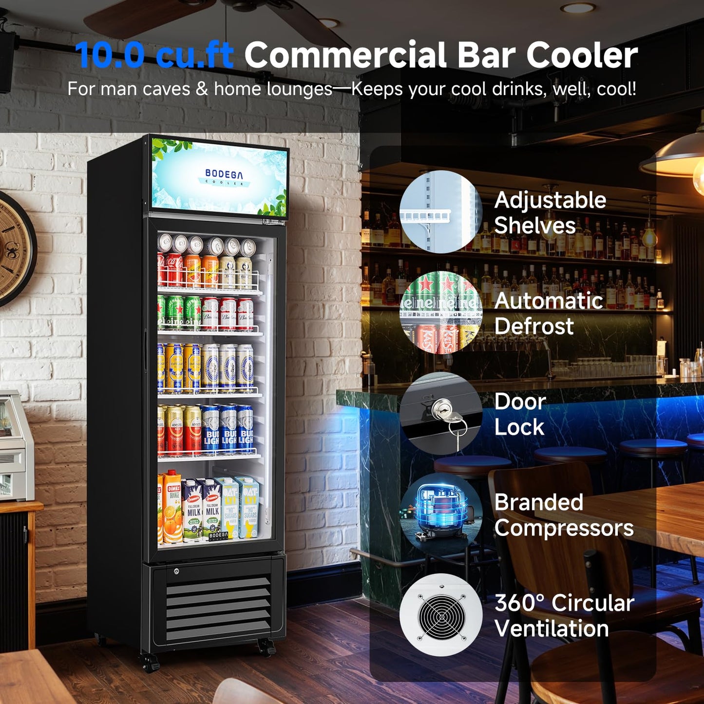 BODEGACOOLER Beverage Refrigerator and Cooler, 10.0 Cu. Ft Commercial Refrigerators For Man Cave, Display Refrigerator with Soft LED Light. 4 Shelves Merchandiser Refrigerators as Black Bar Cooler.