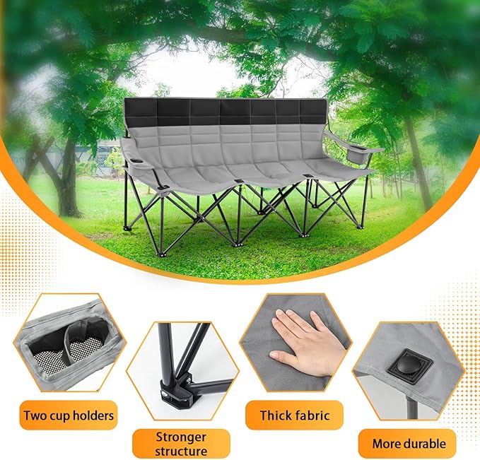 Teenyyou 3 Person Camping Chair Fully Padded Outdoor Oversized Loveseat Counch Double Camping Sofa with Cup Holder and Carry Bag for Lawn Beach Outdoor (Black, Camp Chair)