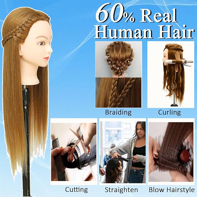 Mannequin Head Human Hair for Cosmetology, Manikin Head with 80% Real Hair for Styling Doll Head Braiding Practice Mannequin Heads Hairdresser Hairstylist Kids with Free Clamp Holder (Light Brown 27)